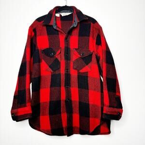 Vtg 60s Woolrich Buffalo Plaid Wool Jacket Shirt Red Black USA Small Shacket